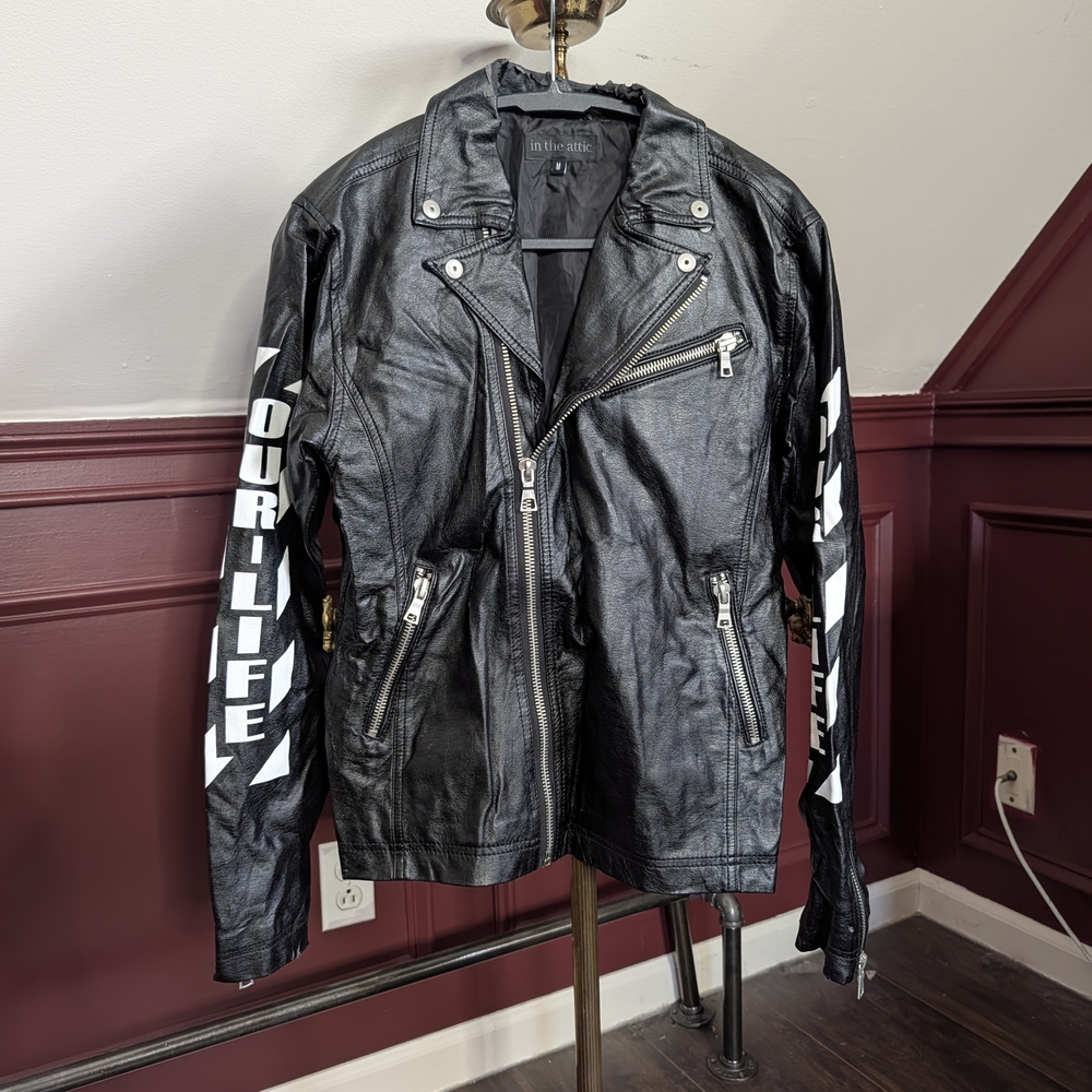 IN THE ATTIC Japanese Archive VTG Graphic Print Faux Leather Moto Jacket